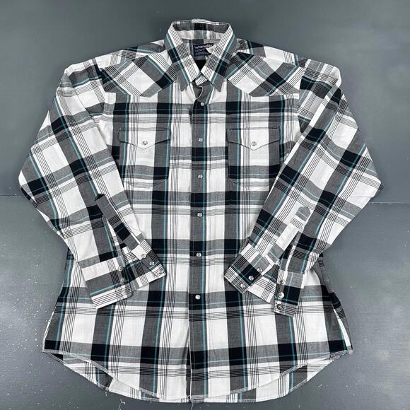 VTG Wrangler Shirt Men Large White Black Turquoise Plaid Pearl Snap USA Made 90s - Picture 2 of 8